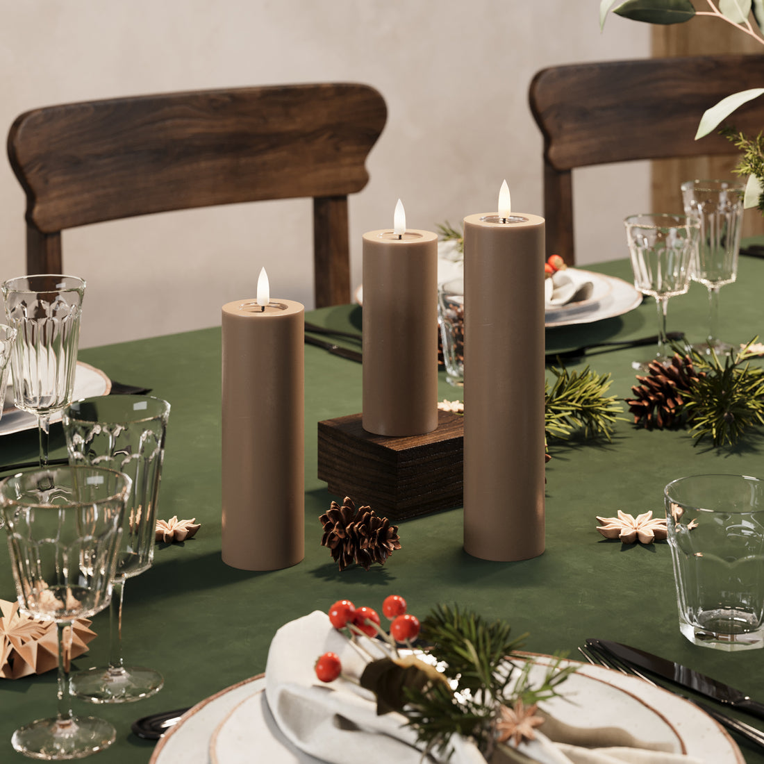LED-Blockkerzen – Ø 5 x 12,5 + 15 + 20 cm Karamell