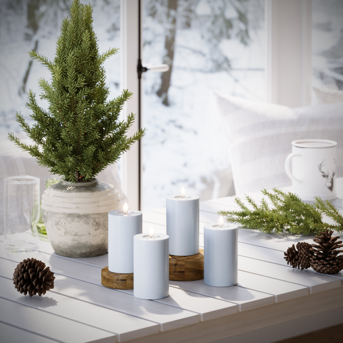 LED-Blockkerzen Ø 7,5 x 12,5 cm Mist Blue – 4 Stück
