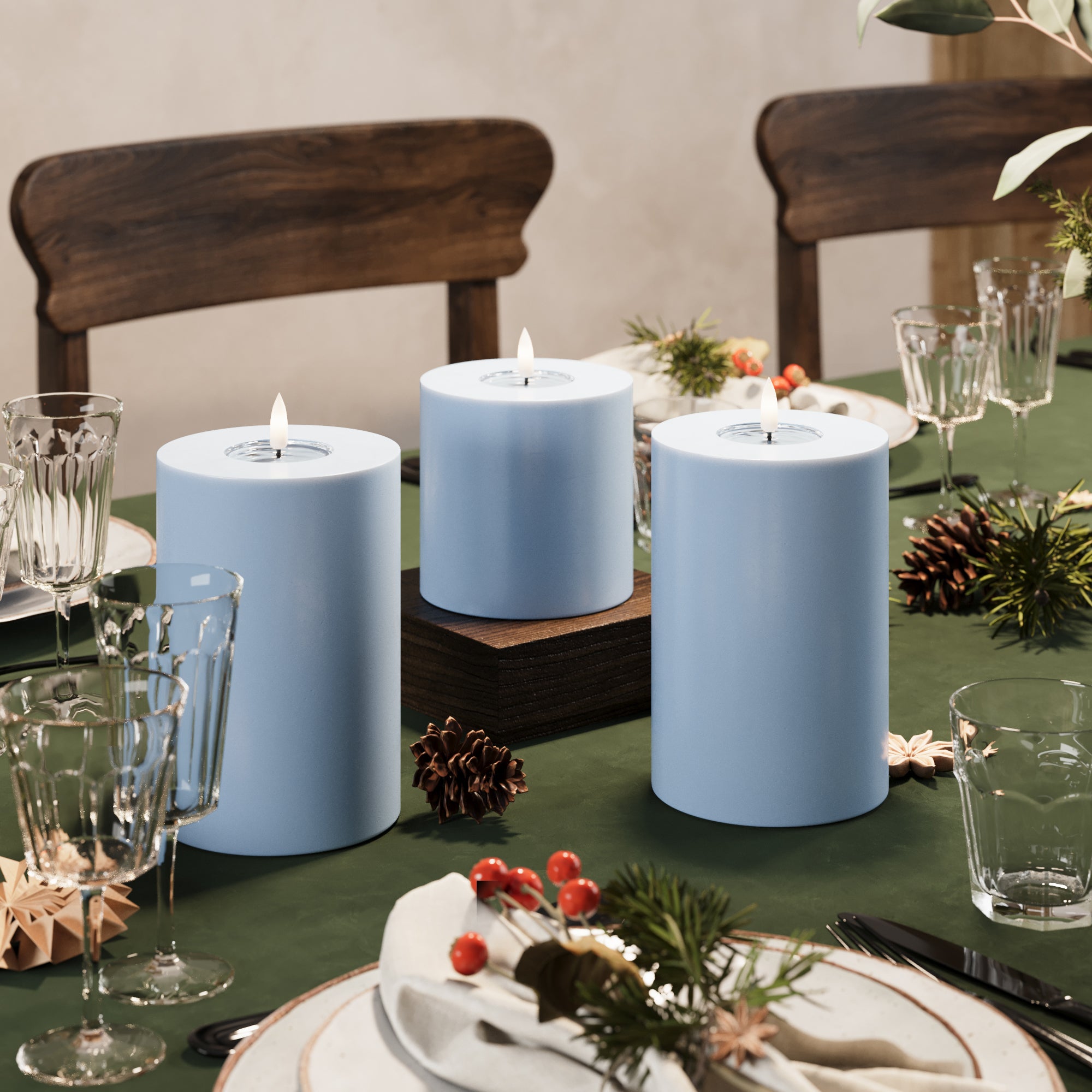 LED-Blockkerzen Ø 10 x 10 + 15 + 20 cm Eisblau