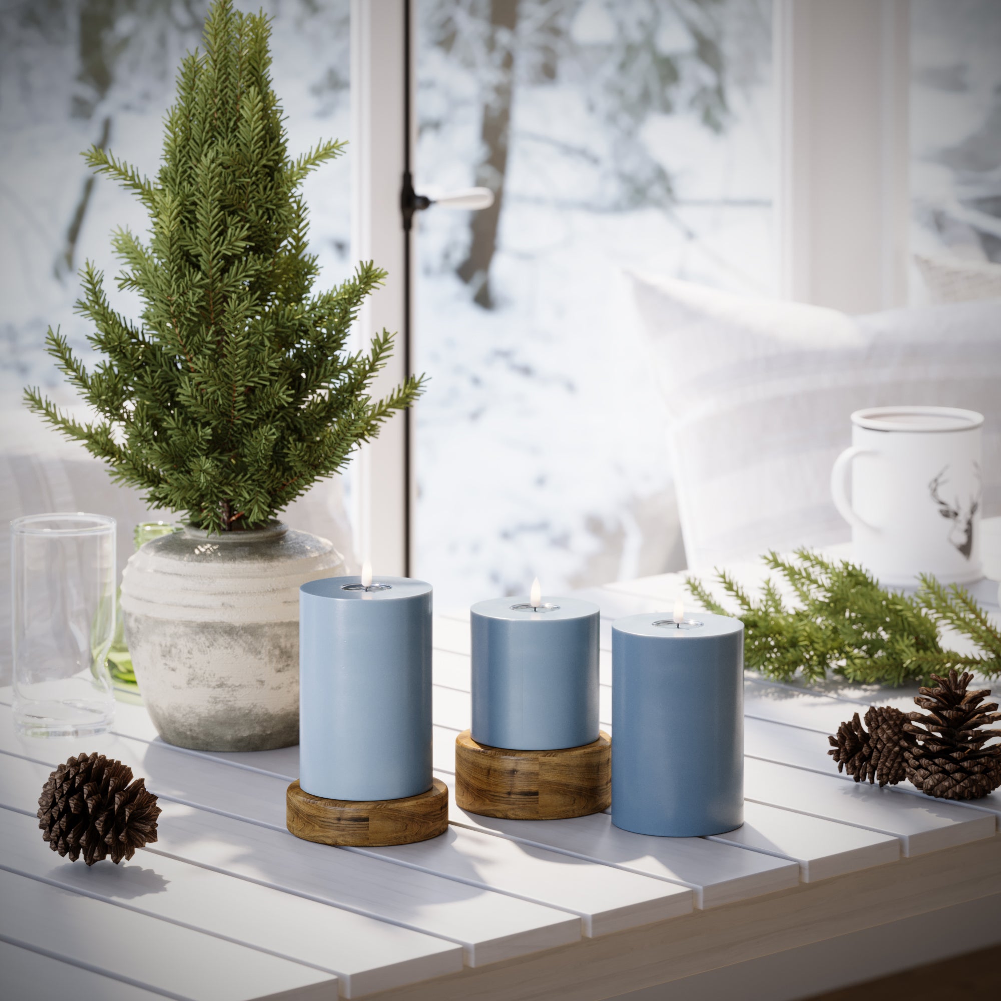 LED-Blockkerzen Ø 10 x 10 + 15 + 20 cm Eisblau