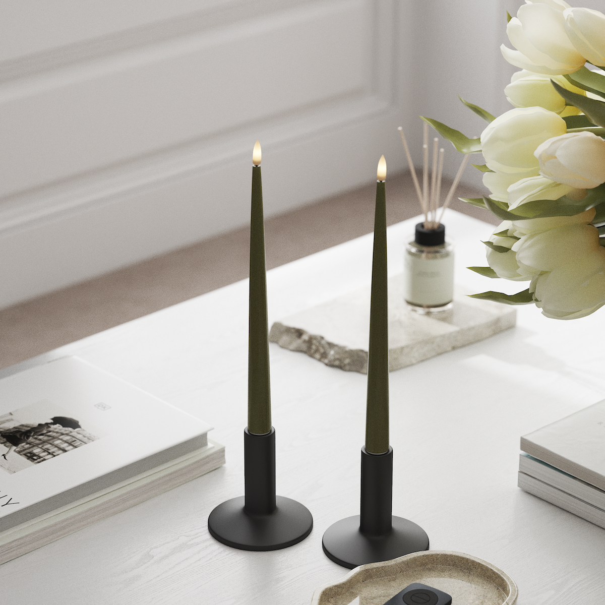 Deluxe Homeart LED Kerzenlicht Mit Lack mit Lack, 2 Stück 28 cm Olivgrün LED Kerzenlicht Mit Lack 1