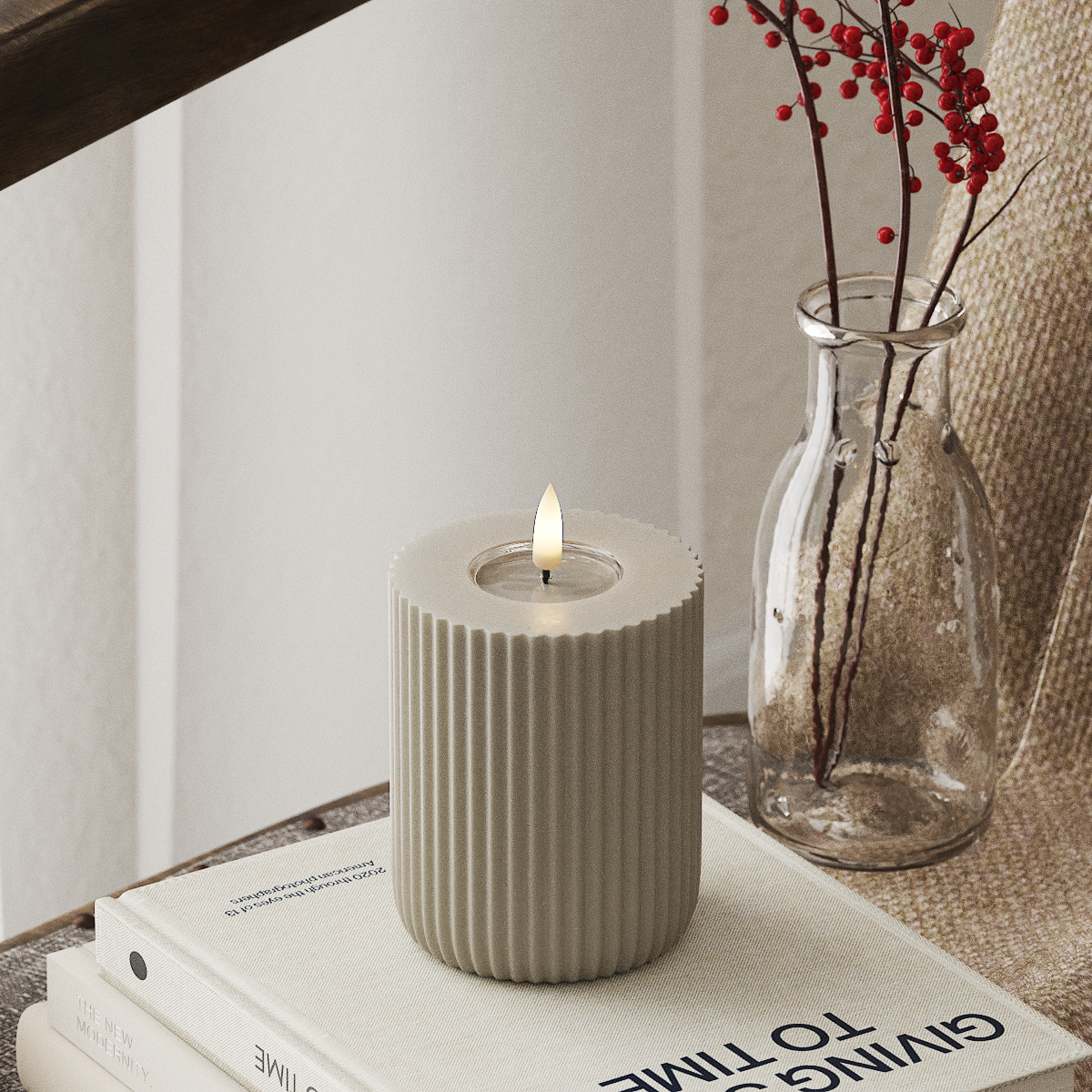 Deluxe Homeart Solid Stripe LED Blockkerzen Ø 8 x 10 cm Sand LED Form 4