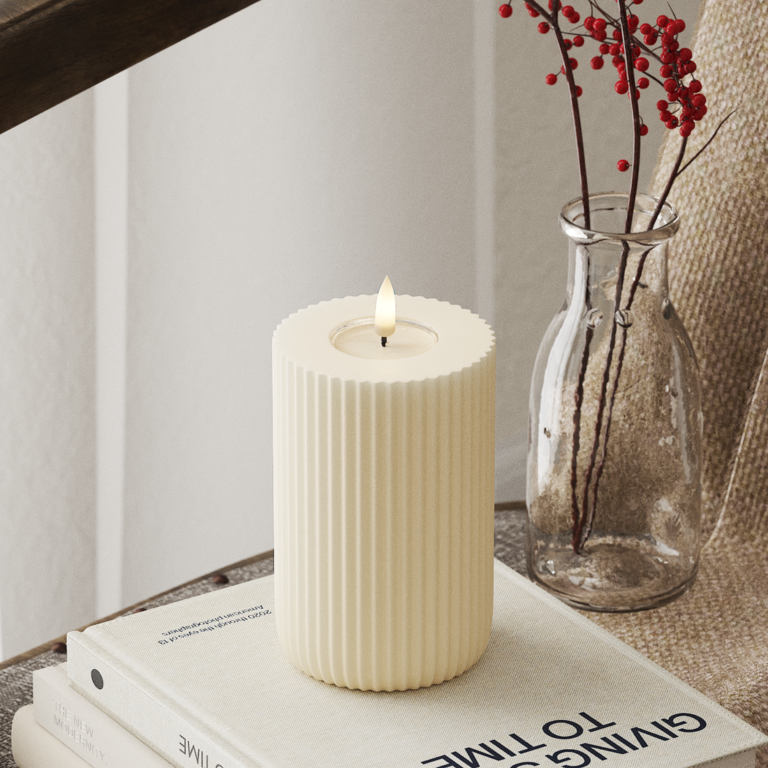 Deluxe Homeart Solid Stripe LED Blockkerzen Ø 8 x 12,5 cm Creme LED Form 4