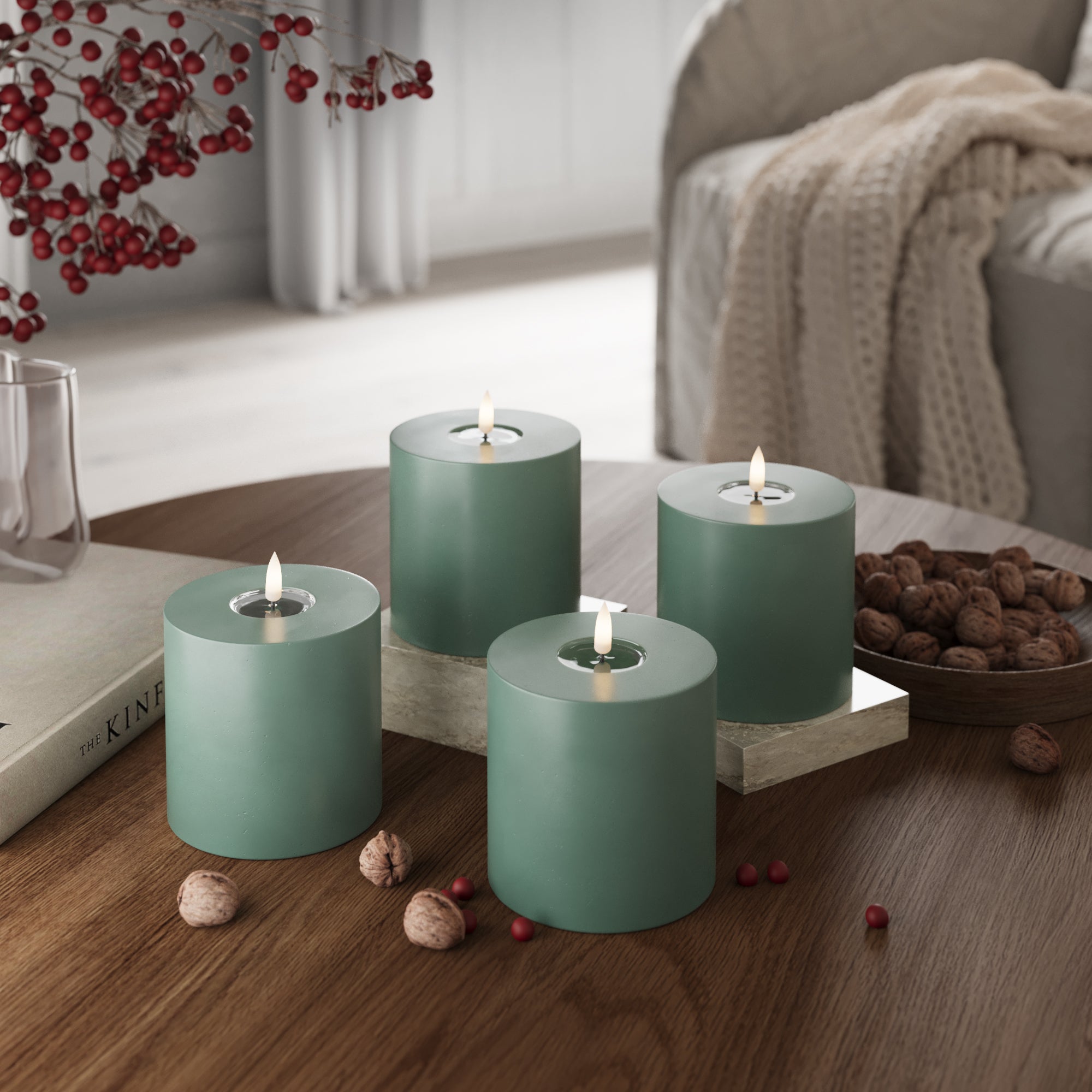 LED-Blockkerzen Ø 10 x 10 cm Jadegrün – 4 Stück