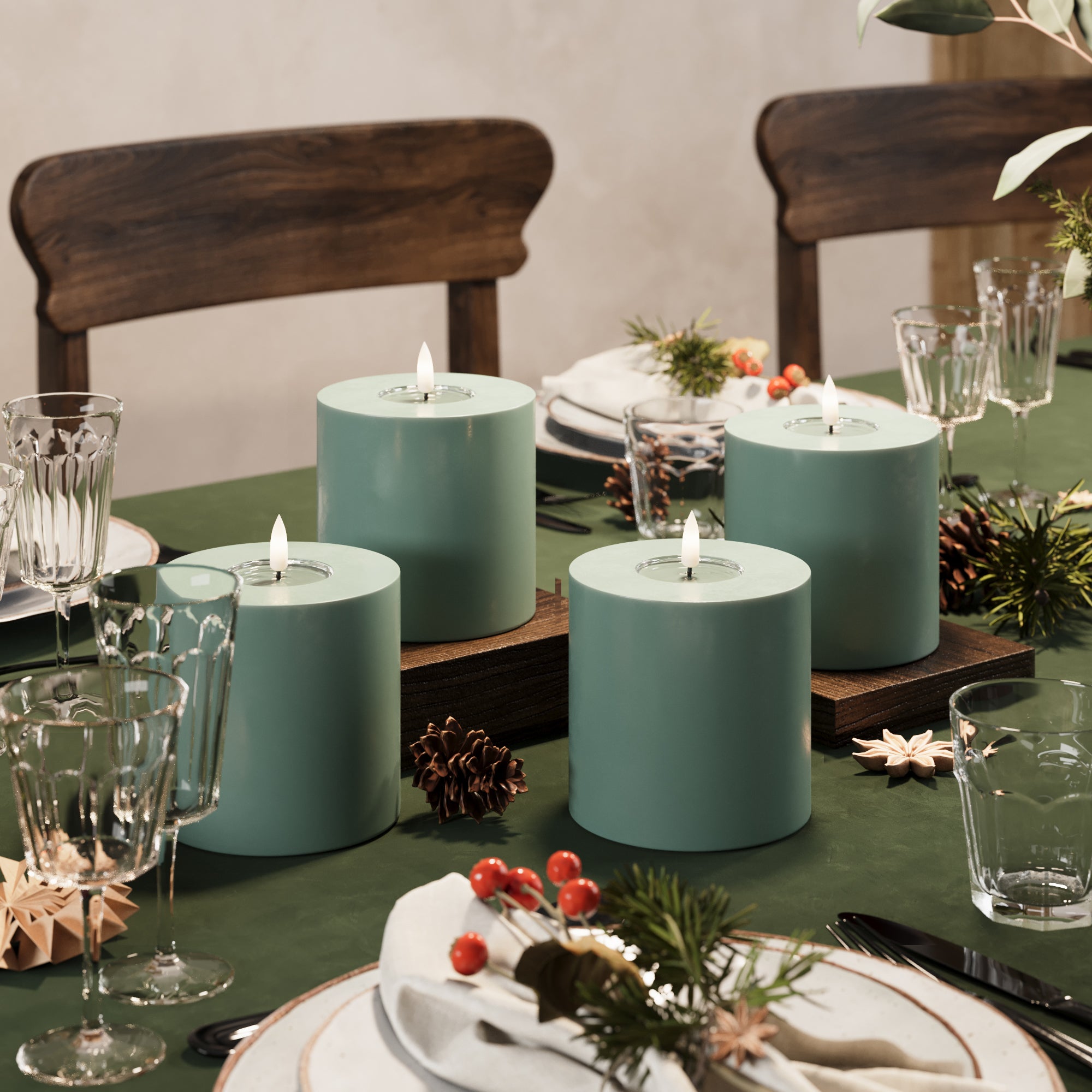 LED-Blockkerzen Ø 10 x 10 cm Jadegrün – 4 Stück