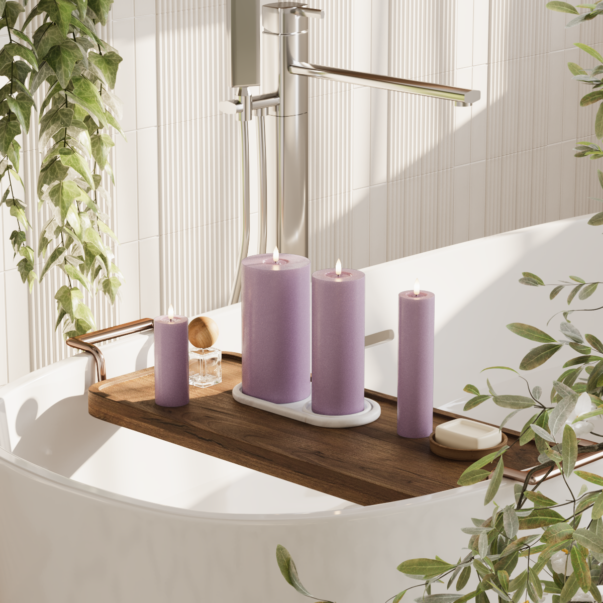 Deluxe Homeart LED bloklys pakke - Lyslilla - 5 x 12,5 + 20 | 7,5 x 20 | 10 x 20 cm pakke 2